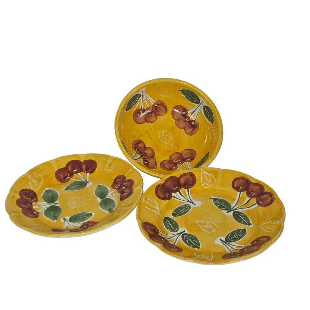 Pottery Barn Yellow Cherry Ceramic Set 1 Bowl 2 Scalloped Plates Made in Mexico
